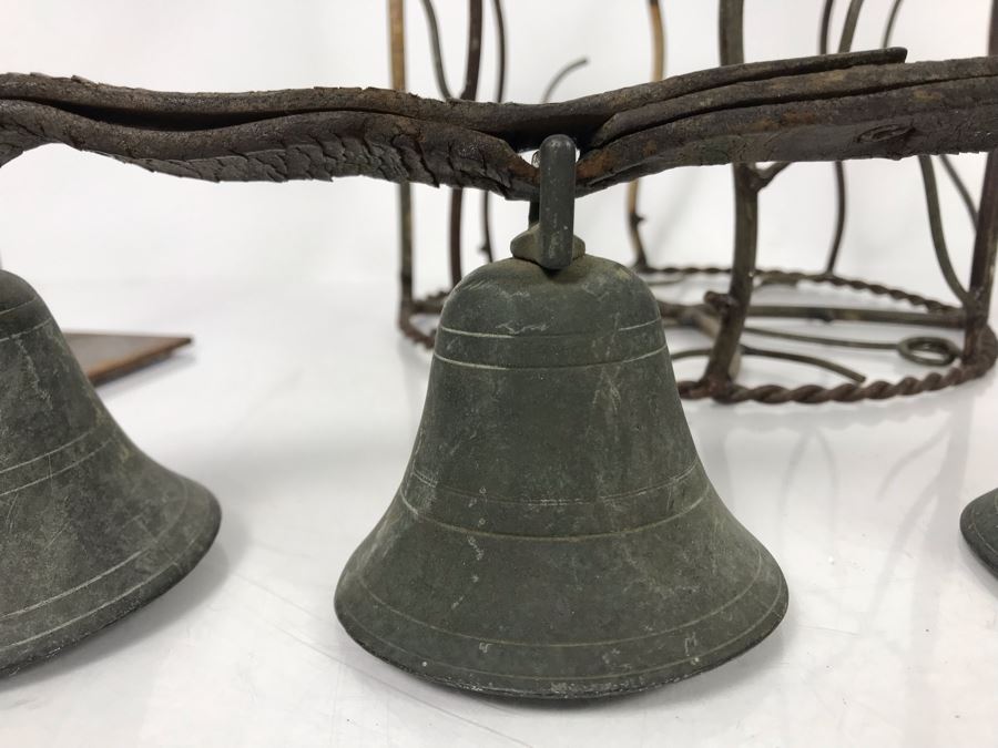 Wrought Iron Home Decor Lot With Custom Basket, Candle Holder, Display Stand And Vintage Reindeer Bells Collar [Photo 4]