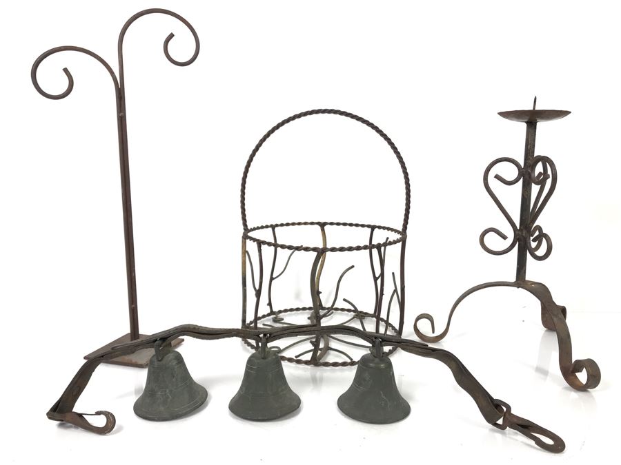 Wrought Iron Home Decor Lot With Custom Basket, Candle Holder, Display Stand And Vintage Reindeer Bells Collar [Photo 1]