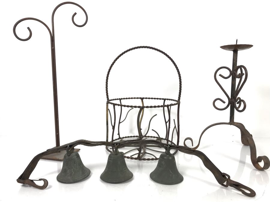 Wrought Iron Home Decor Lot With Custom Basket, Candle Holder, Display Stand And Vintage Reindeer Bells Collar [Photo 3]