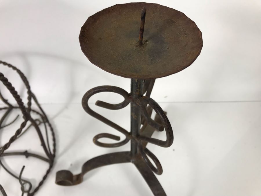 Wrought Iron Home Decor Lot With Custom Basket, Candle Holder, Display Stand And Vintage Reindeer Bells Collar [Photo 15]
