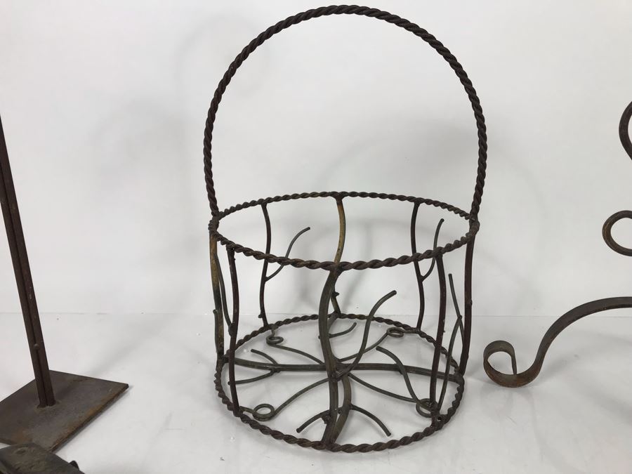 Wrought Iron Home Decor Lot With Custom Basket, Candle Holder, Display Stand And Vintage Reindeer Bells Collar [Photo 9]