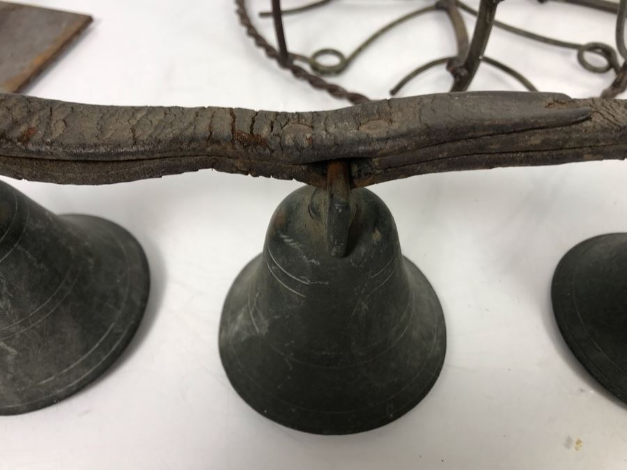 Wrought Iron Home Decor Lot With Custom Basket, Candle Holder, Display Stand And Vintage Reindeer Bells Collar [Photo 5]