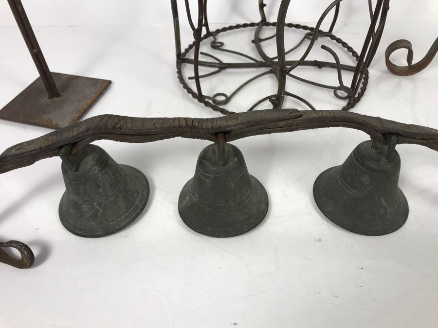 Wrought Iron Home Decor Lot With Custom Basket, Candle Holder, Display Stand And Vintage Reindeer Bells Collar [Photo 6]