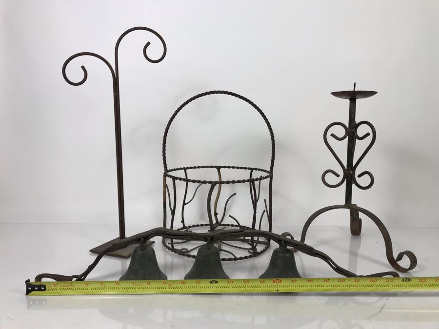 Wrought Iron Home Decor Lot With Custom Basket, Candle Holder, Display Stand And Vintage Reindeer Bells Collar [Photo 21]