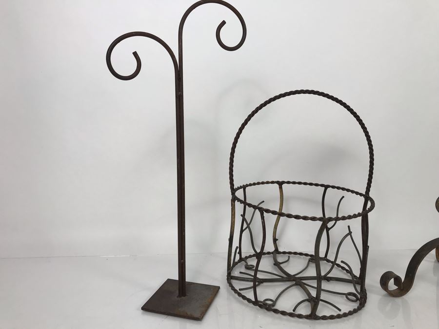 Wrought Iron Home Decor Lot With Custom Basket, Candle Holder, Display Stand And Vintage Reindeer Bells Collar [Photo 16]