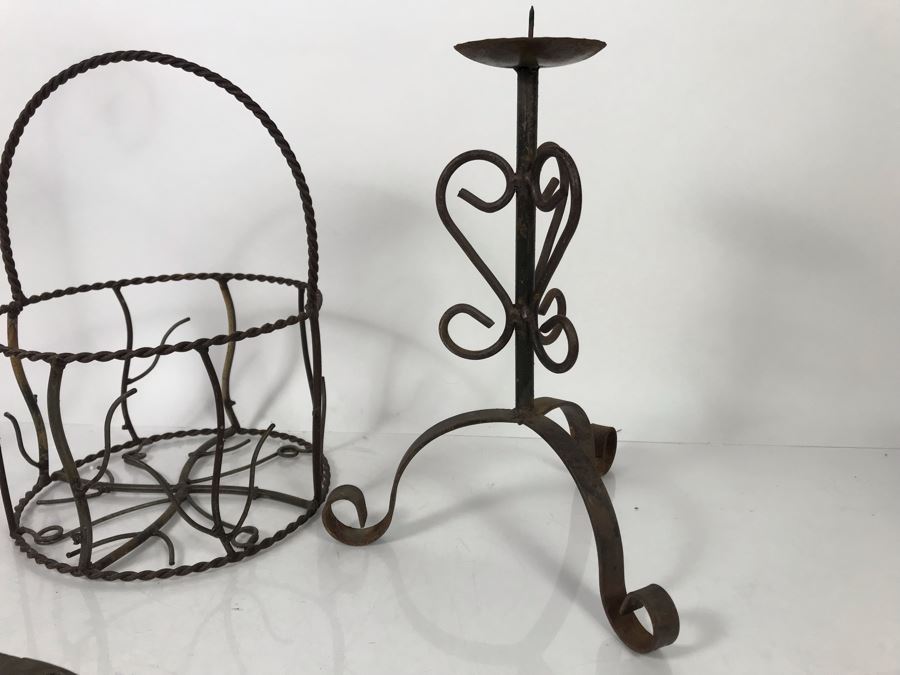 Wrought Iron Home Decor Lot With Custom Basket, Candle Holder, Display Stand And Vintage Reindeer Bells Collar [Photo 13]