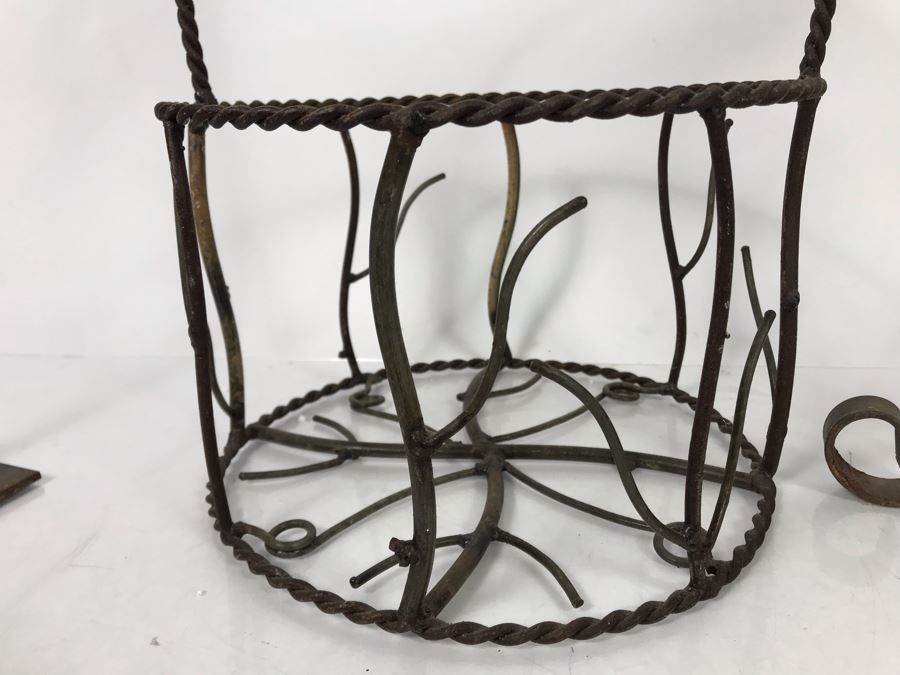 Wrought Iron Home Decor Lot With Custom Basket, Candle Holder, Display Stand And Vintage Reindeer Bells Collar [Photo 10]