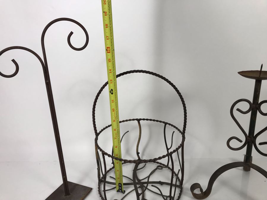Wrought Iron Home Decor Lot With Custom Basket, Candle Holder, Display Stand And Vintage Reindeer Bells Collar [Photo 19]
