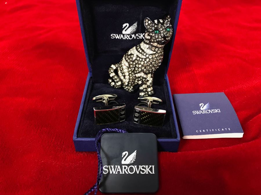 Swarovski Crystal Cat Pin Brooch And Swarovski Cufflinks With Box [Photo 3]