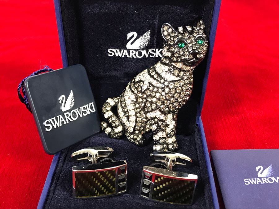 Swarovski Crystal Cat Pin Brooch And Swarovski Cufflinks With Box [Photo 4]