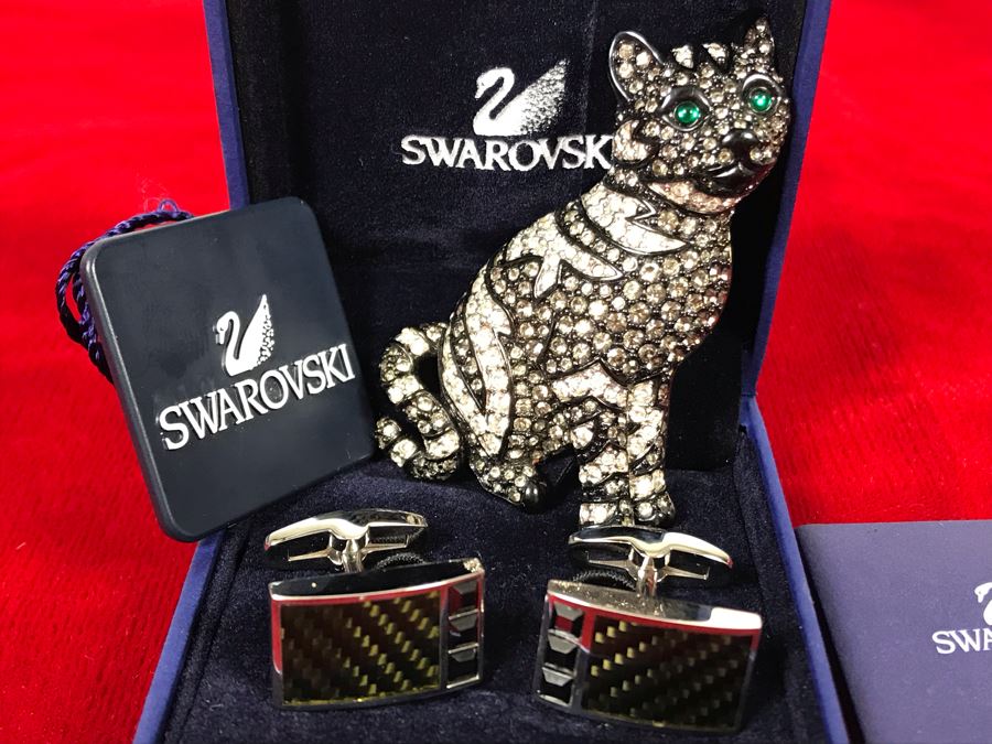 Swarovski Crystal Cat Pin Brooch And Swarovski Cufflinks With Box [Photo 2]