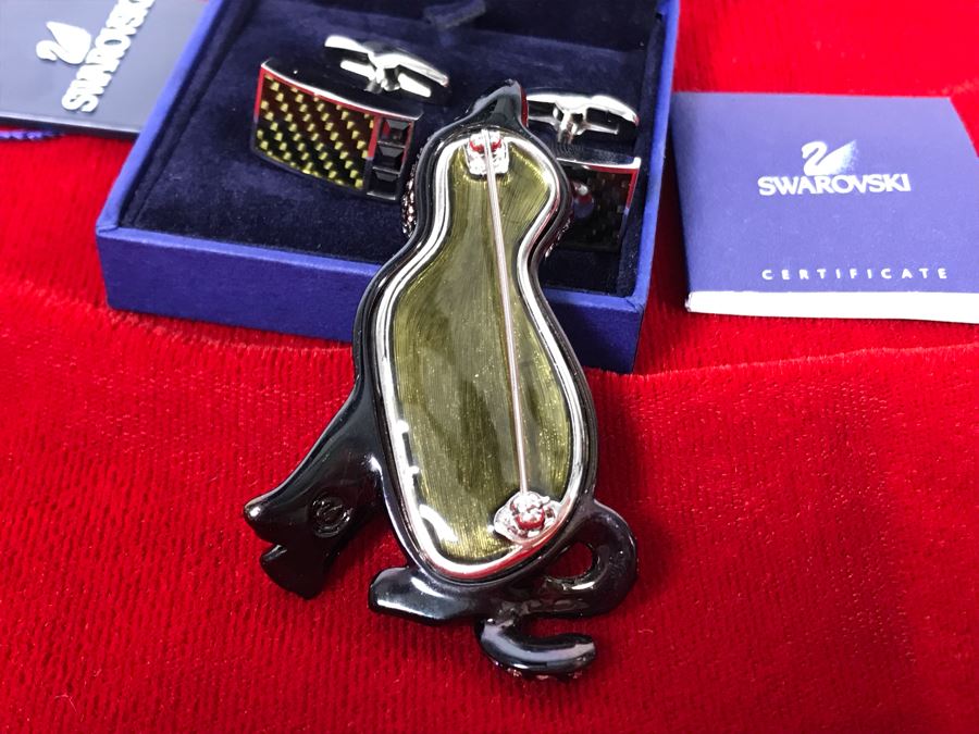 Swarovski Crystal Cat Pin Brooch And Swarovski Cufflinks With Box [Photo 13]