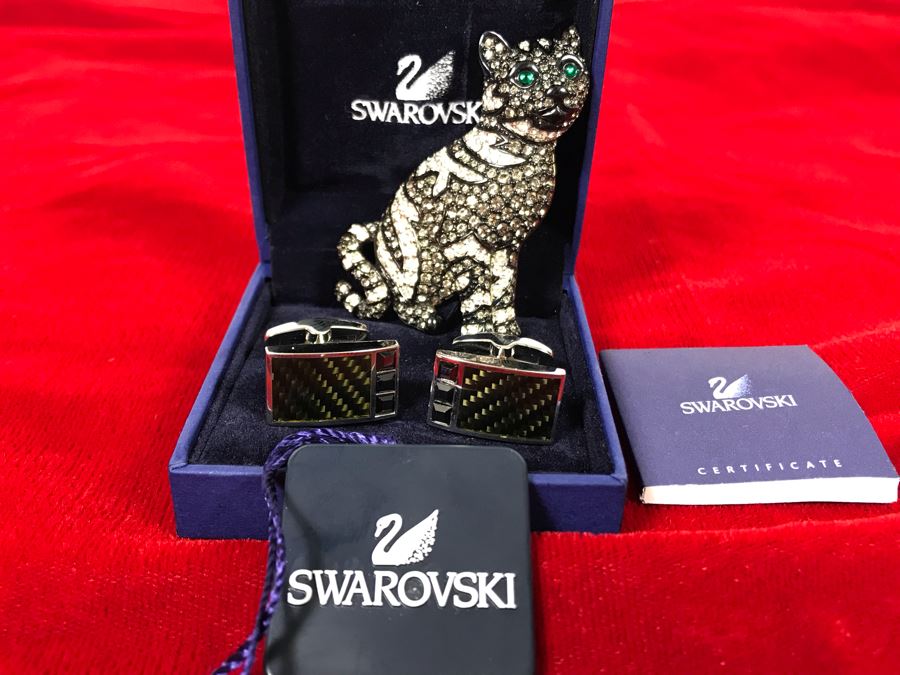 Swarovski Crystal Cat Pin Brooch And Swarovski Cufflinks With Box