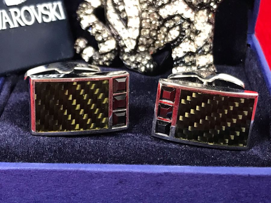 Swarovski Crystal Cat Pin Brooch And Swarovski Cufflinks With Box [Photo 9]