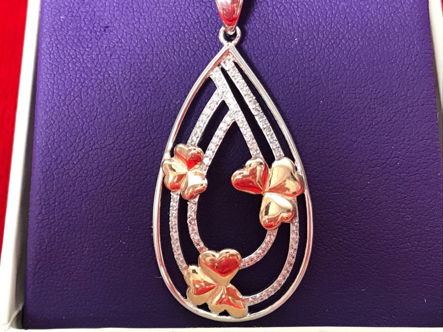 New 10k Gold And Sterling Silver Shamrock Cluster Pendant With Sterling Silver Chain By BORU Made In Ireland - Retails $129 [Photo 5]