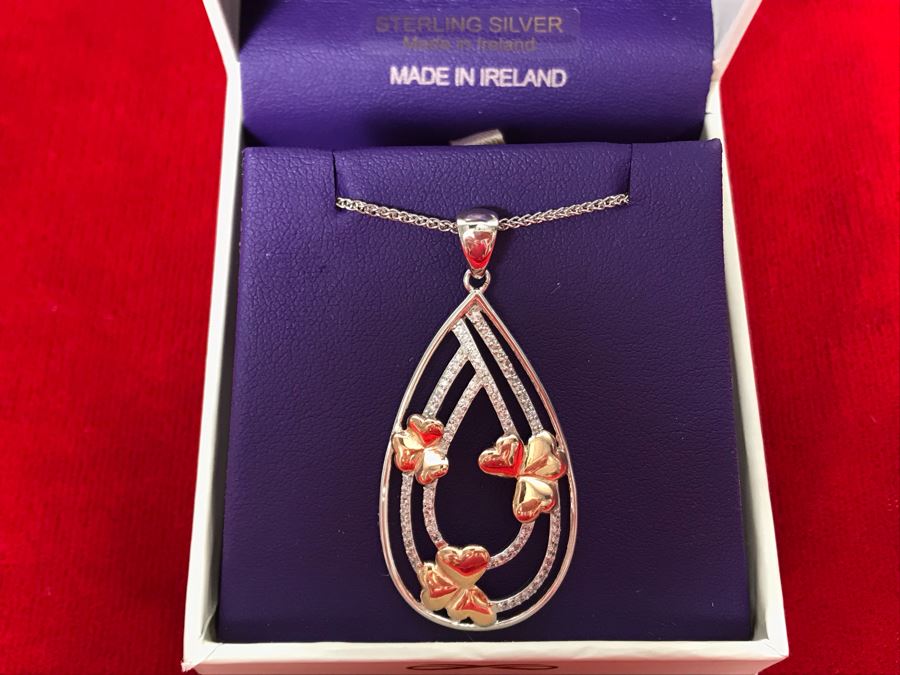 New 10k Gold And Sterling Silver Shamrock Cluster Pendant With Sterling Silver Chain By BORU Made In Ireland - Retails $129 [Photo 4]