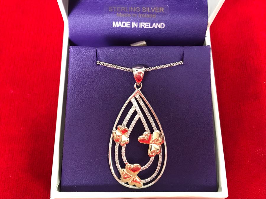 New 10k Gold And Sterling Silver Shamrock Cluster Pendant With Sterling Silver Chain By BORU Made In Ireland - Retails $129 [Photo 3]