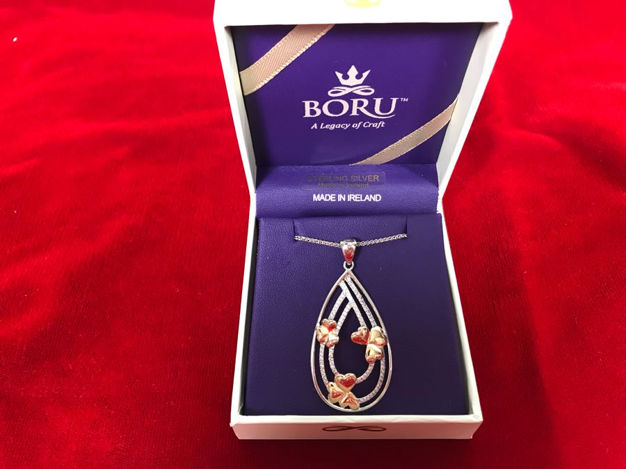 New 10k Gold And Sterling Silver Shamrock Cluster Pendant With Sterling Silver Chain By BORU Made In Ireland - Retails $129 [Photo 1]