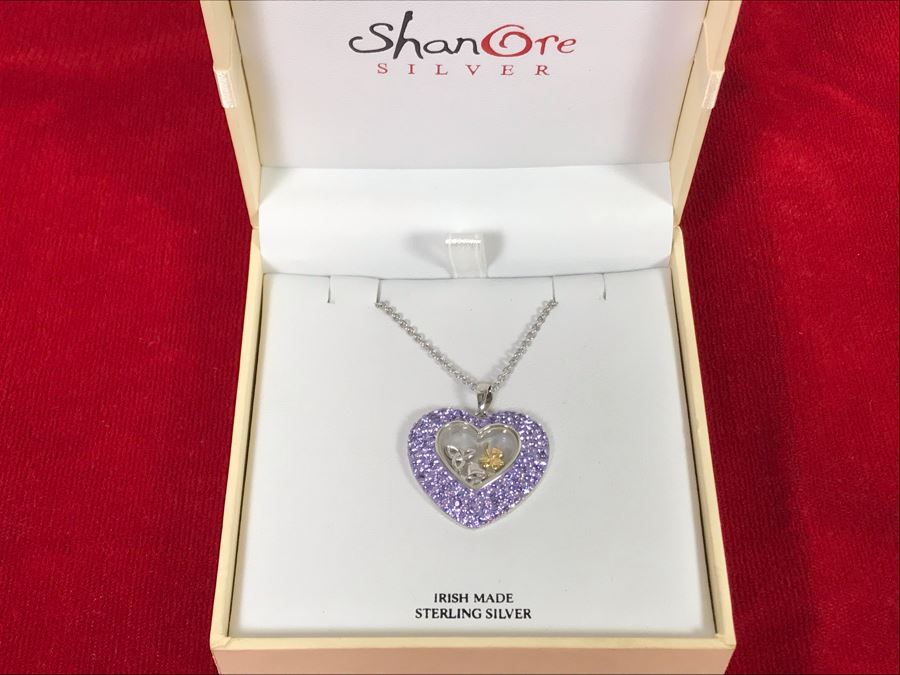 Stunning New Sterling Silver Heart Pendant Featuring Brilliant Purple Stones With Sterling Silver Chain Irish Made By ShanOre Silver Retails $297