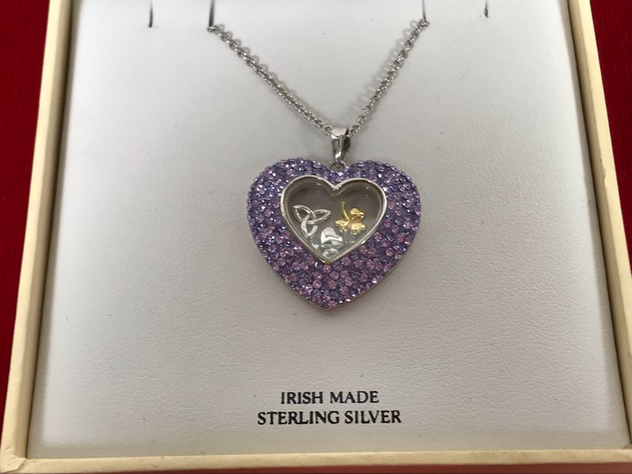 Stunning New Sterling Silver Heart Pendant Featuring Brilliant Purple Stones With Sterling Silver Chain Irish Made By ShanOre Silver Retails $297 [Photo 2]
