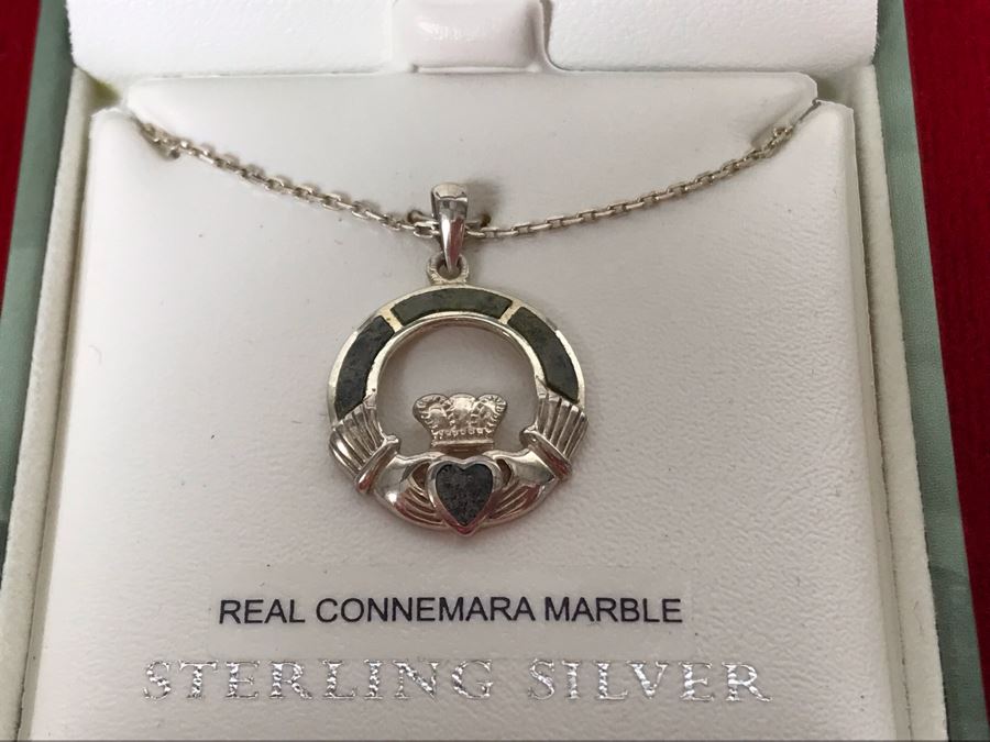 New Sterling Silver Connemara Marble Irish Claddagh Pendant With Sterling Silver Chain By Solvar Retails $97 [Photo 3]