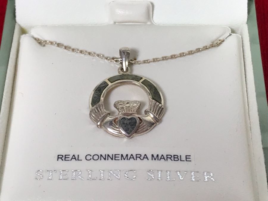 New Sterling Silver Connemara Marble Irish Claddagh Pendant With Sterling Silver Chain By Solvar Retails $97 [Photo 5]