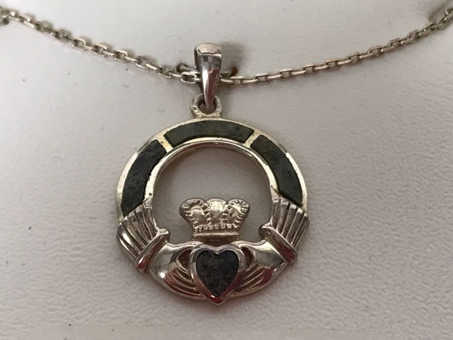 New Sterling Silver Connemara Marble Irish Claddagh Pendant With Sterling Silver Chain By Solvar Retails $97 [Photo 4]