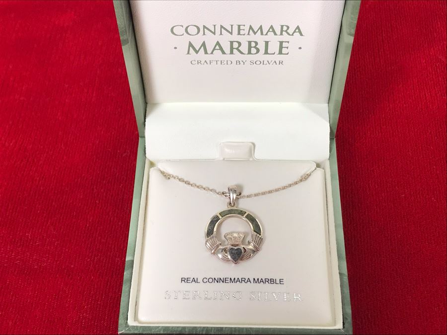 New Sterling Silver Connemara Marble Irish Claddagh Pendant With Sterling Silver Chain By Solvar Retails $97 [Photo 1]