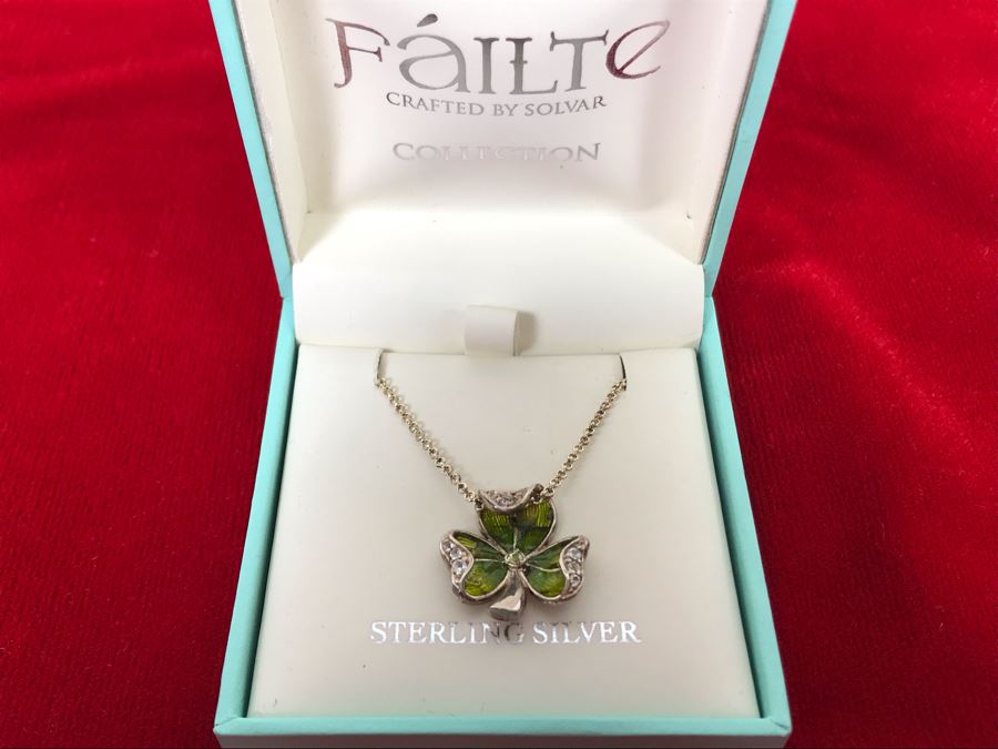 New Sterling Silver Shamrock Pendant With Sterling Silver Chain Failte Crafted By Solvar Retails $128 [Photo 1]