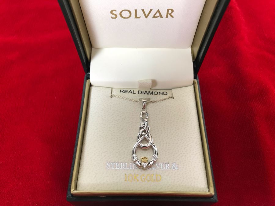 New 10k Gold And Sterling Silver Claddagh Pendant Featuring Real Diamond With Sterling Silver Chain Retails $146 [Photo 5]