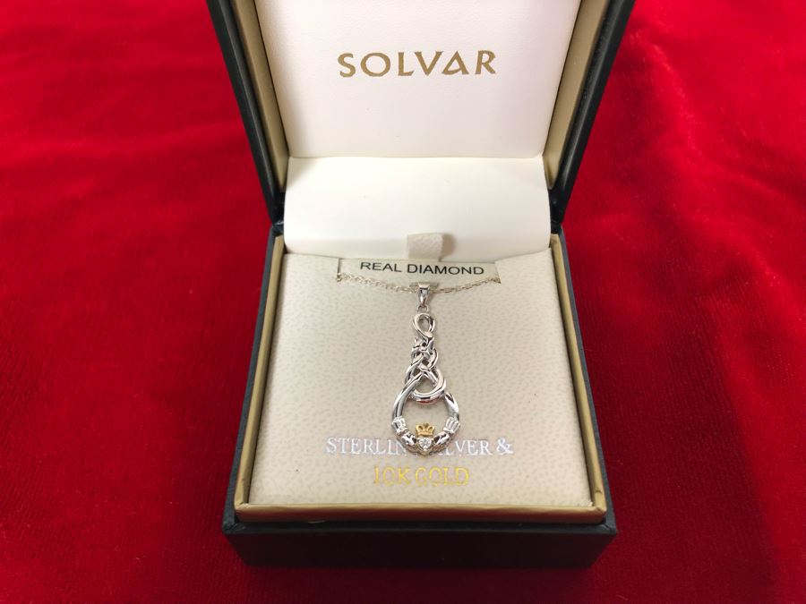 New 10k Gold And Sterling Silver Claddagh Pendant Featuring Real Diamond With Sterling Silver Chain Retails $146 [Photo 4]