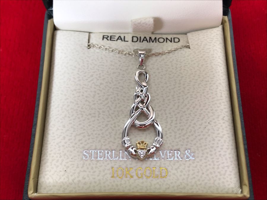 New 10k Gold And Sterling Silver Claddagh Pendant Featuring Real Diamond With Sterling Silver Chain Retails $146 [Photo 6]