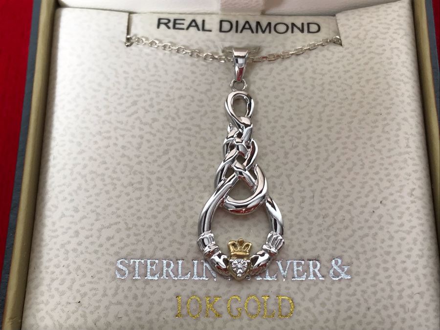 New 10k Gold And Sterling Silver Claddagh Pendant Featuring Real Diamond With Sterling Silver Chain Retails $146 [Photo 2]