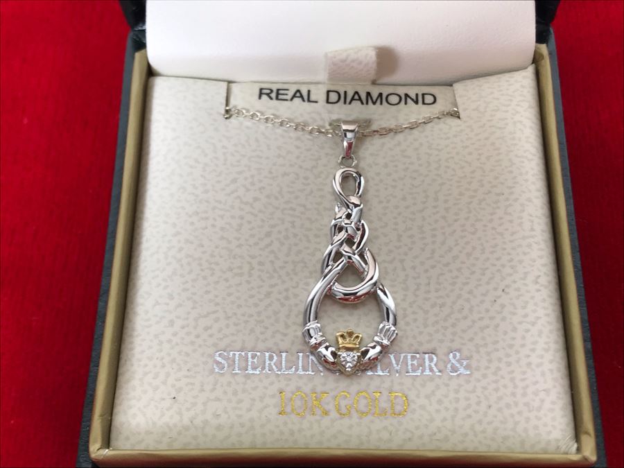 New 10k Gold And Sterling Silver Claddagh Pendant Featuring Real Diamond With Sterling Silver Chain Retails $146 [Photo 1]