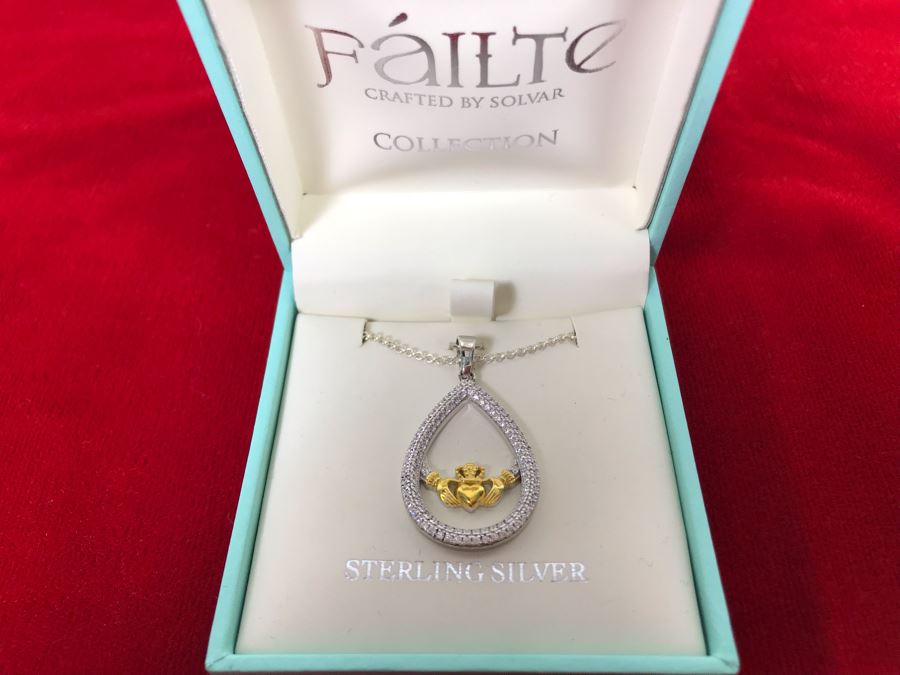 New Sterling Silver Claddagh Pendant With Sterling Silver Chain Failte Crafted By Solvar Retails $106 [Photo 4]