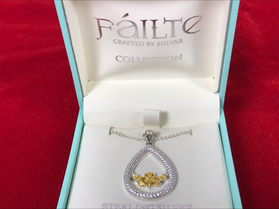 New Sterling Silver Claddagh Pendant With Sterling Silver Chain Failte Crafted By Solvar Retails $106 [Photo 3]