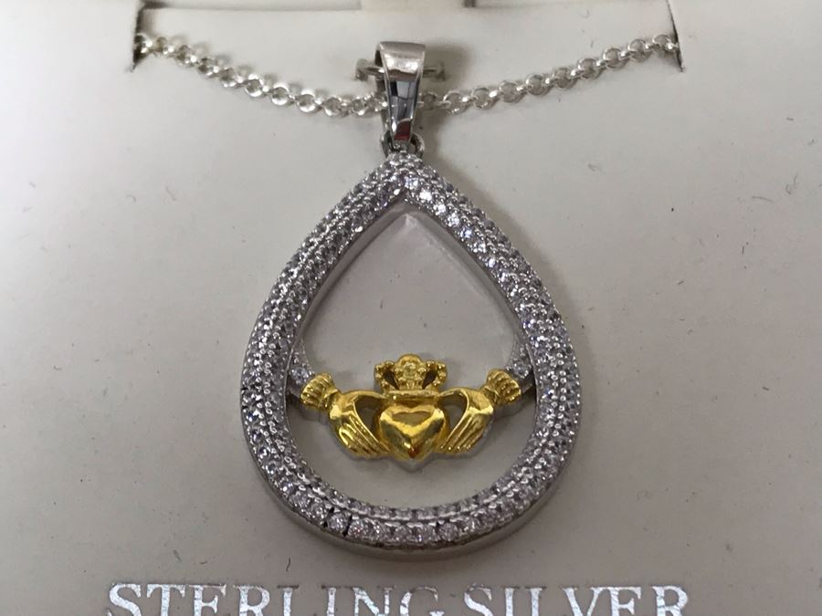New Sterling Silver Claddagh Pendant With Sterling Silver Chain Failte Crafted By Solvar Retails $106 [Photo 2]