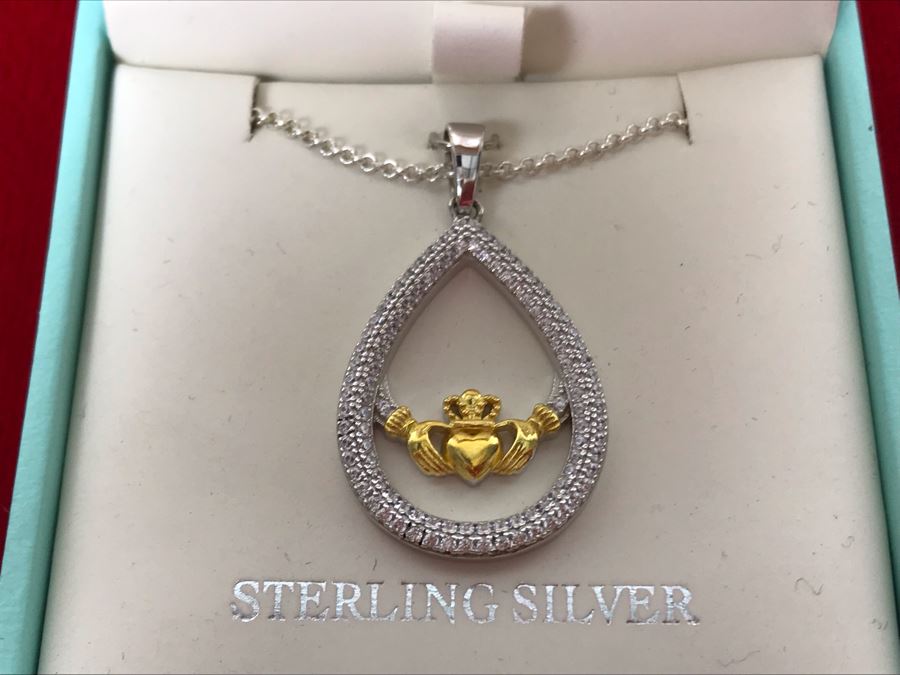 New Sterling Silver Claddagh Pendant With Sterling Silver Chain Failte Crafted By Solvar Retails $106 [Photo 6]