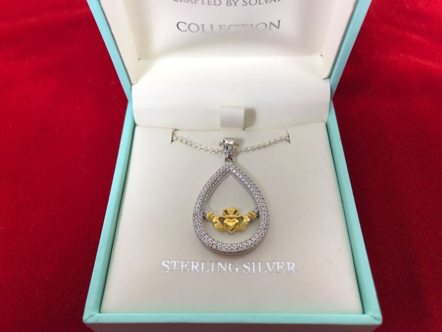 New Sterling Silver Claddagh Pendant With Sterling Silver Chain Failte Crafted By Solvar Retails $106 [Photo 1]