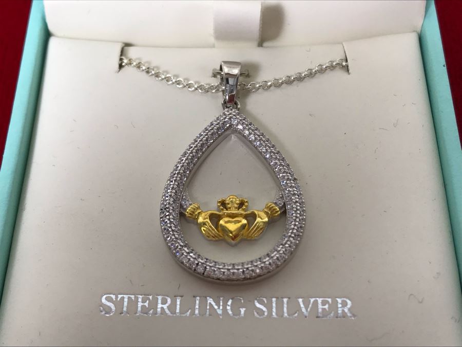 New Sterling Silver Claddagh Pendant With Sterling Silver Chain Failte Crafted By Solvar Retails $106 [Photo 5]