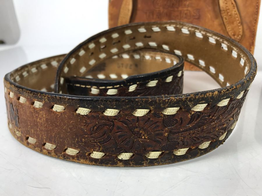 Hand Tooled Leather Bag And Belt Clip Personalized To Gene Thomas (Early Orange County Rancher), John Leather Belt, Antler Necklace And Antler - See Photos [Photo 4]