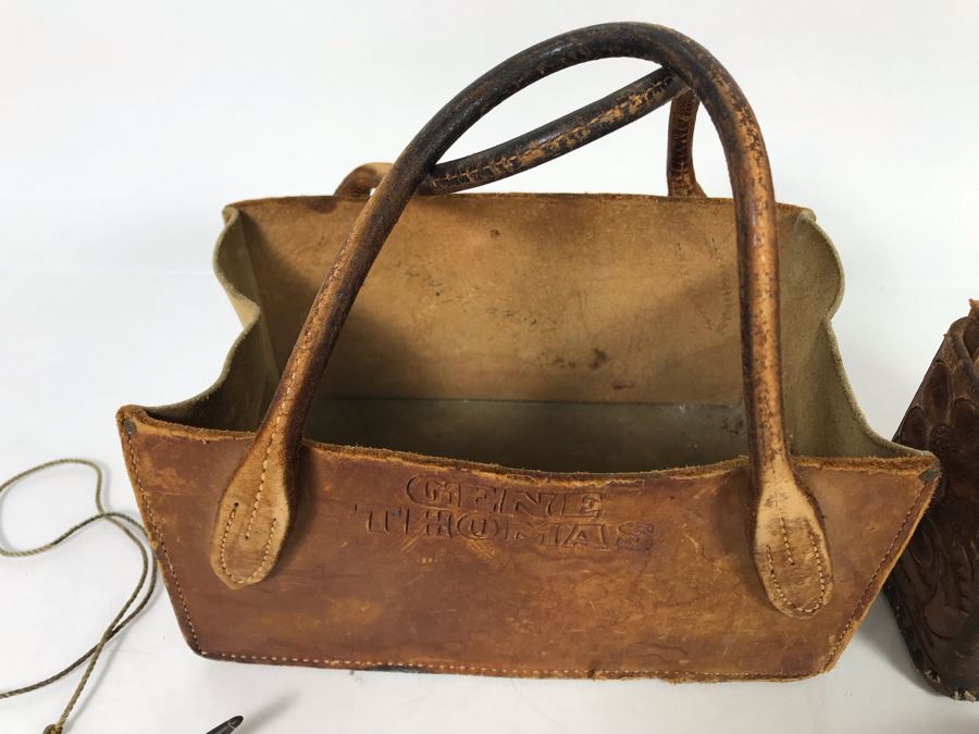 Hand Tooled Leather Bag And Belt Clip Personalized To Gene Thomas (Early Orange County Rancher), John Leather Belt, Antler Necklace And Antler - See Photos [Photo 7]