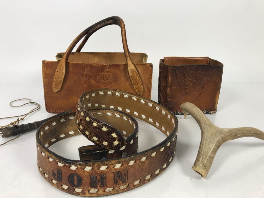Hand Tooled Leather Bag And Belt Clip Personalized To Gene Thomas (Early Orange County Rancher), John Leather Belt, Antler Necklace And Antler - See Photos