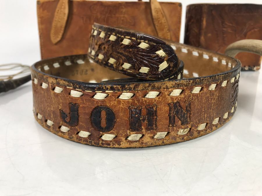 Hand Tooled Leather Bag And Belt Clip Personalized To Gene Thomas (Early Orange County Rancher), John Leather Belt, Antler Necklace And Antler - See Photos [Photo 3]