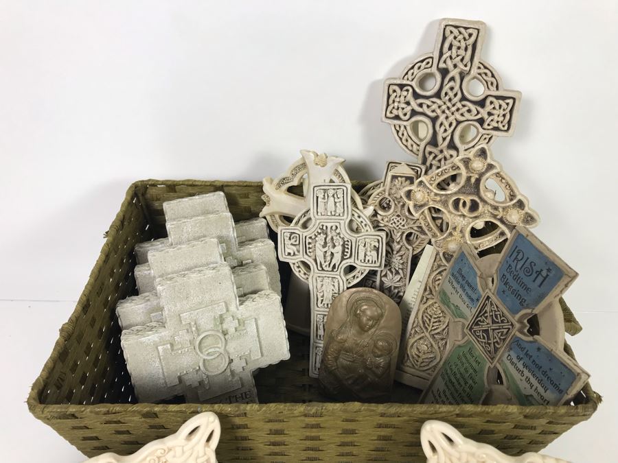 Collection Of New Irish Decorative Crosses, Pair Of Irish Picture Frames And Irish Pewter Box With Basket - See Photos [Photo 5]