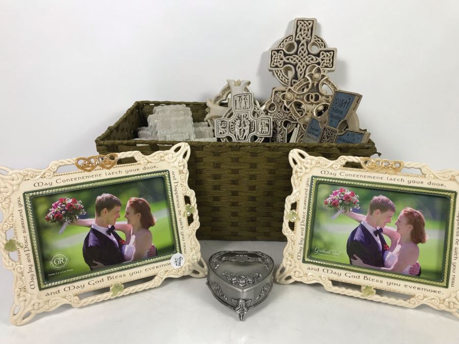 Collection Of New Irish Decorative Crosses, Pair Of Irish Picture Frames And Irish Pewter Box With Basket - See Photos [Photo 2]