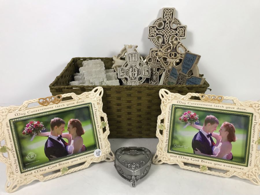 Collection Of New Irish Decorative Crosses, Pair Of Irish Picture Frames And Irish Pewter Box With Basket - See Photos [Photo 1]