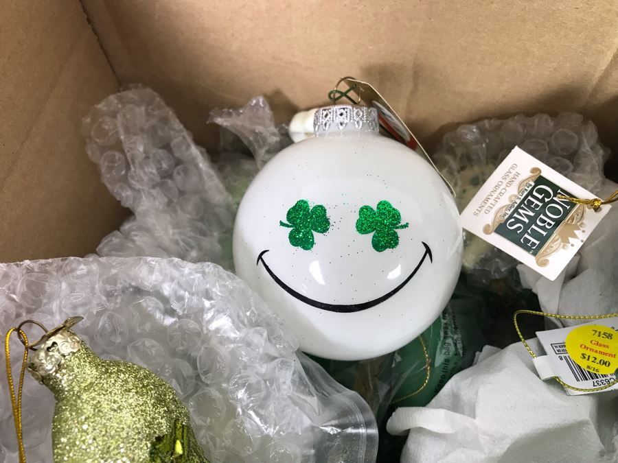 Box Filled With New Irish Themed Christmas Ornaments - Mostly Glass Ornaments With Tags [Photo 4]