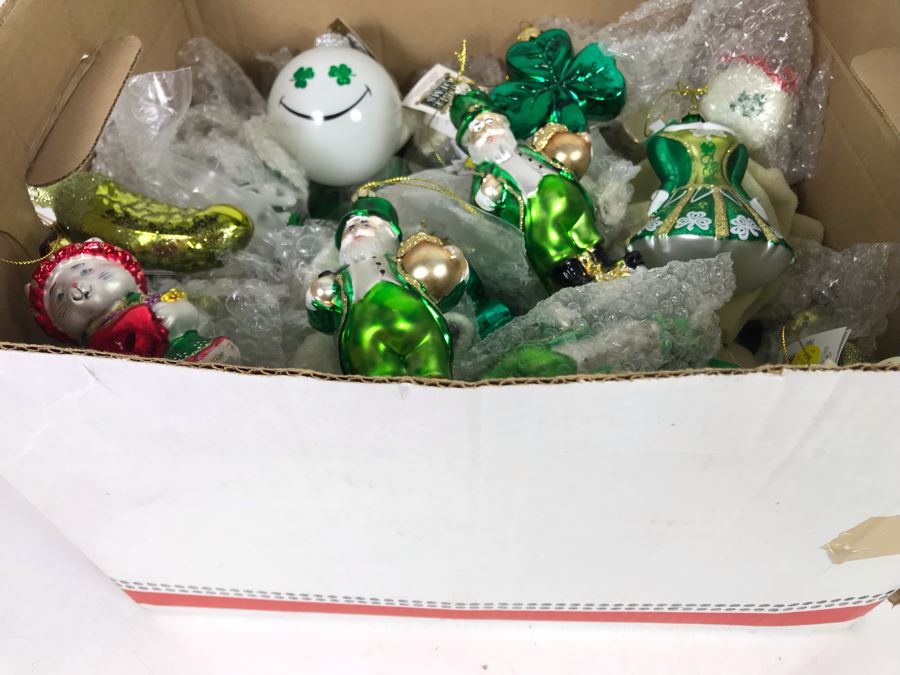 Box Filled With New Irish Themed Christmas Ornaments - Mostly Glass Ornaments With Tags [Photo 8]