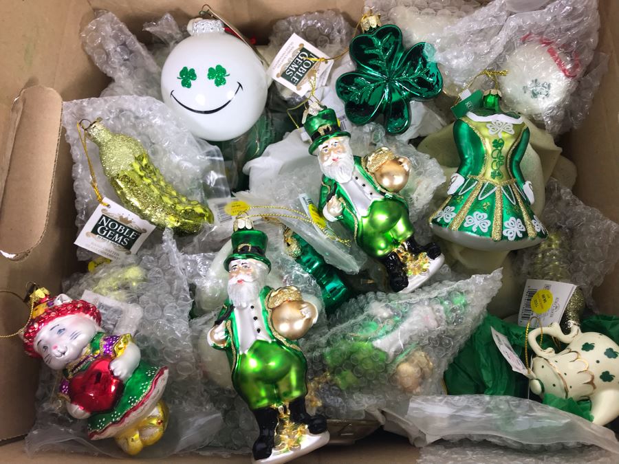 Box Filled With New Irish Themed Christmas Ornaments - Mostly Glass Ornaments With Tags